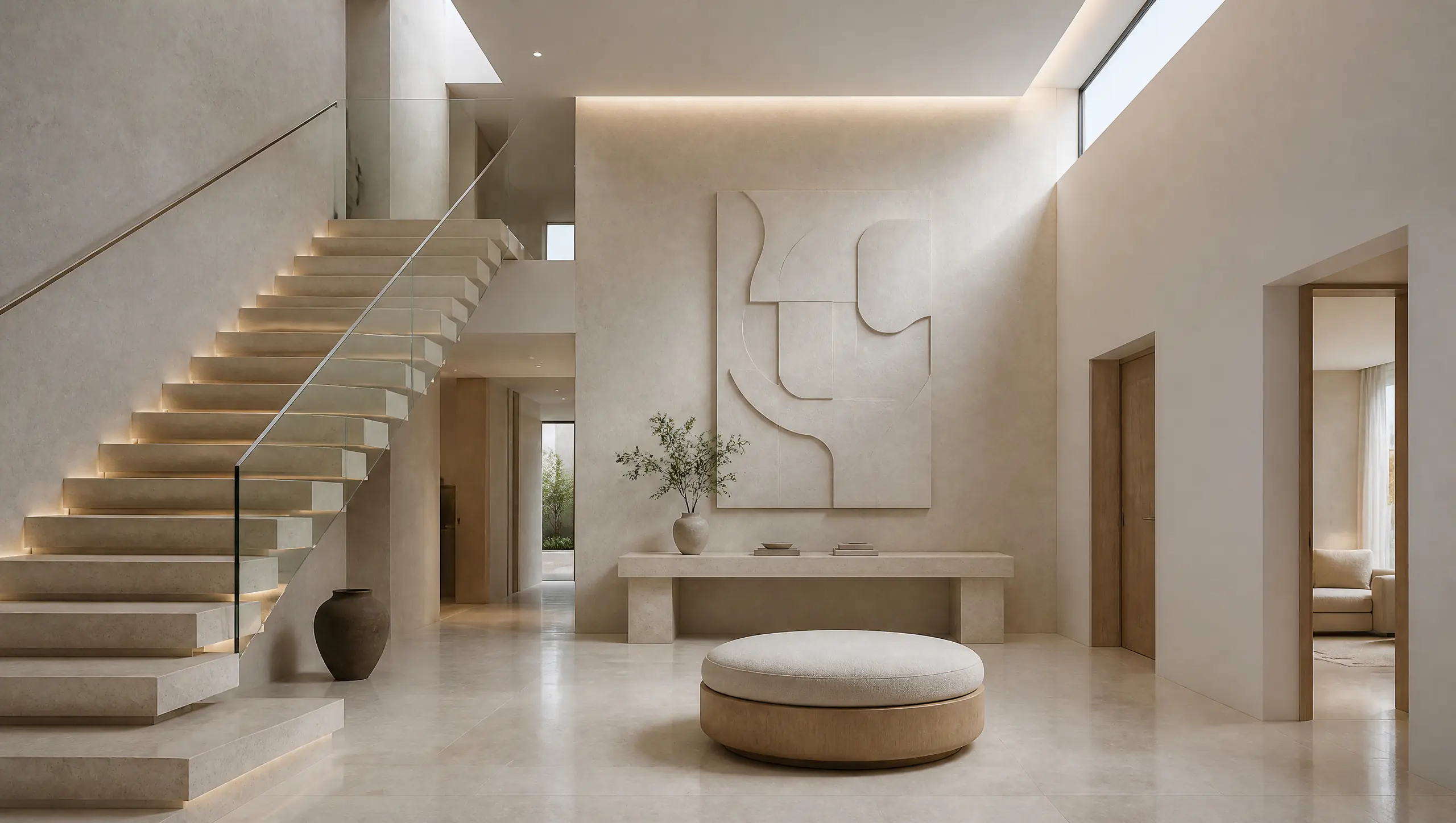 A modern villa reception hall with a floating staircase and a plaster relief wall