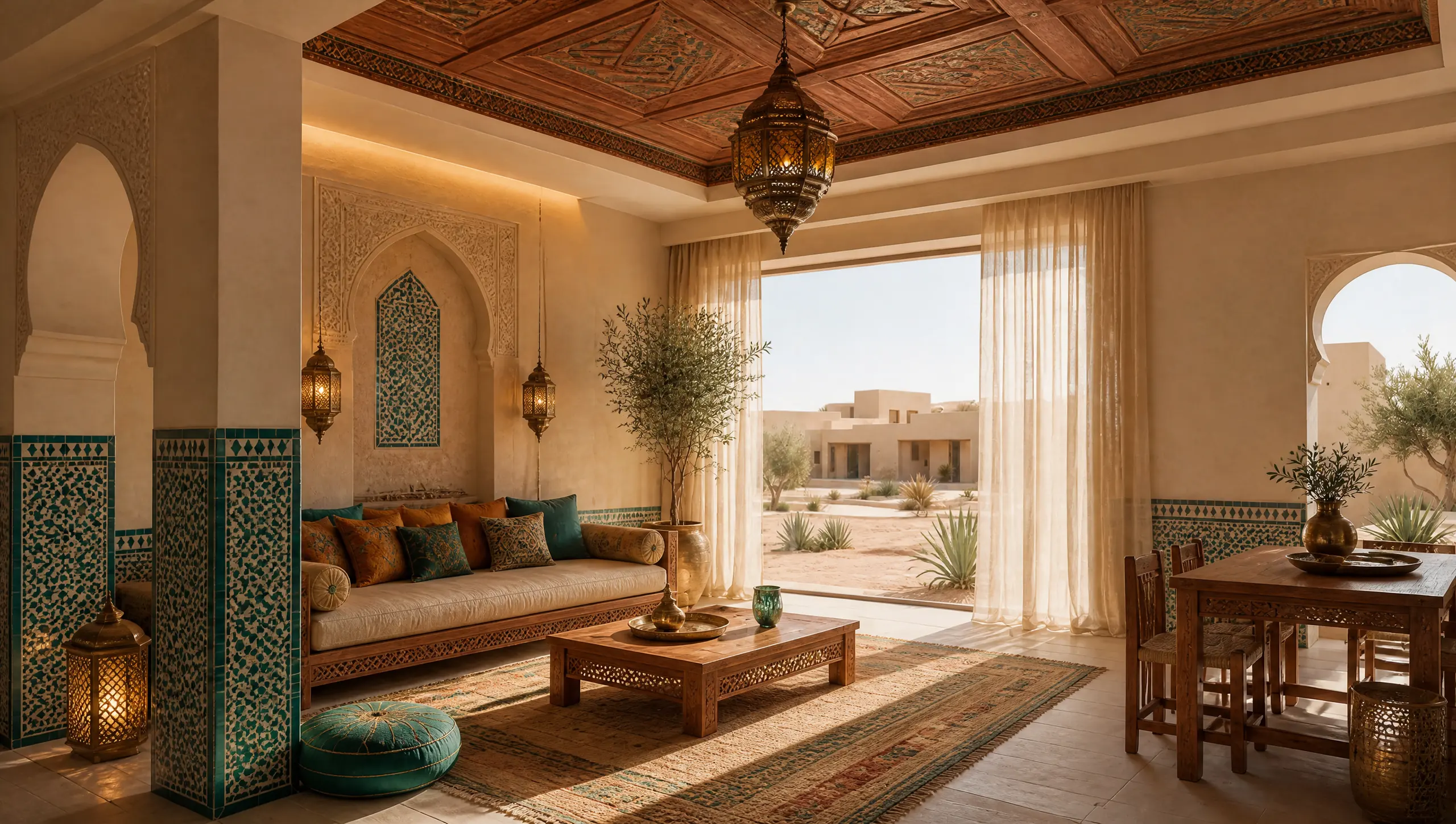 A living and dining hall in the Moroccan style: carved plaster arches, zellige tile, brass lanterns and low seating